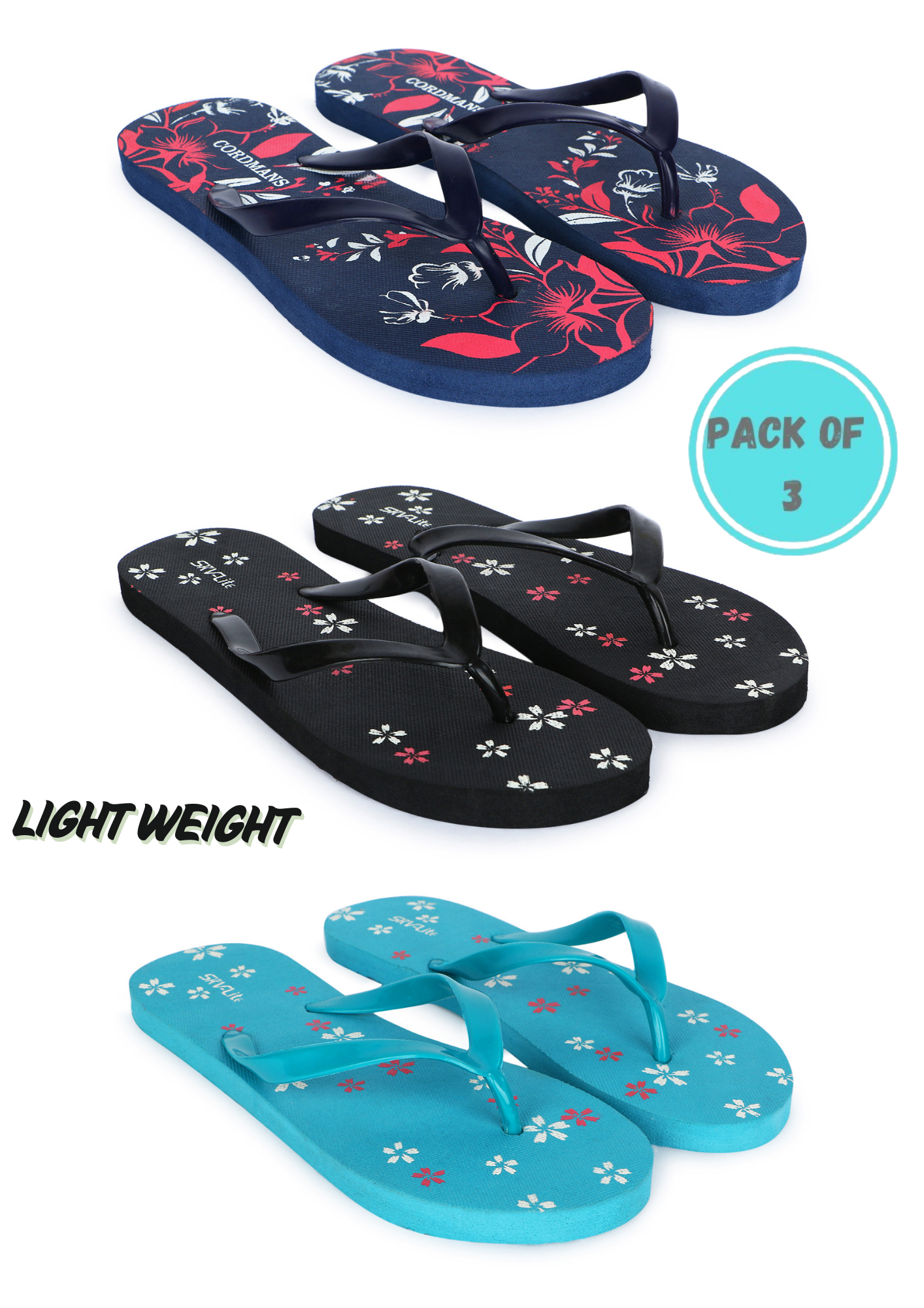 Cordmans FloralGlow Trio – Pack of 3 Women’s Printed Lightweight Flip-Flops