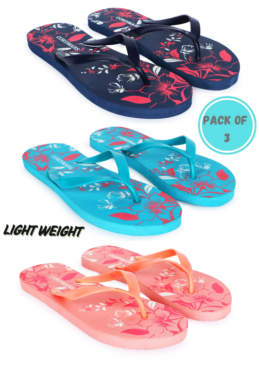 Peach, Black, Sky Blue Combo Floral Print Flip Flops – Comfortable & Trendy Slippers by SYALite
