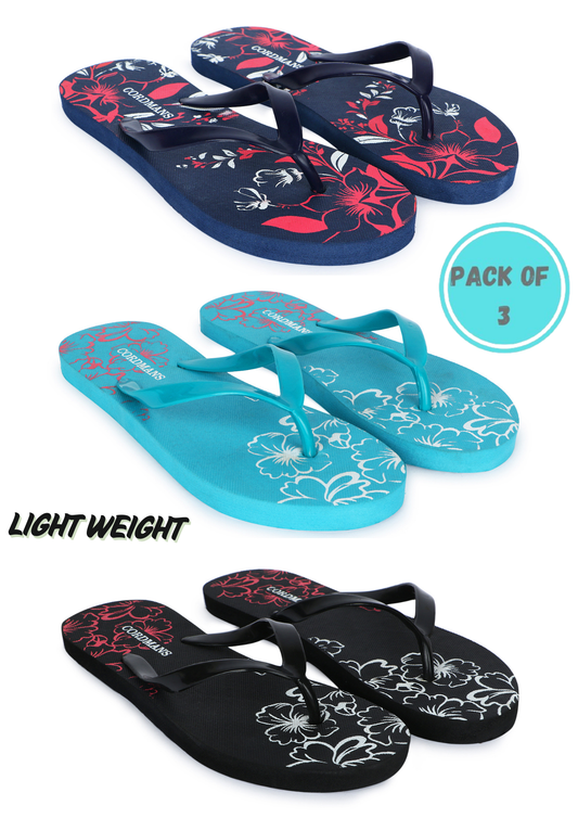 Peach, Navy Blue, Sky Blue Combo Floral Print Flip Flops – Comfortable & Trendy Slippers by SYALite